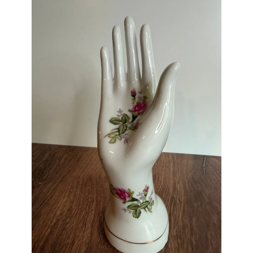 Vintage Porcelain Floral Hand Ring Holder Jewelry Display Rose Gold Trim